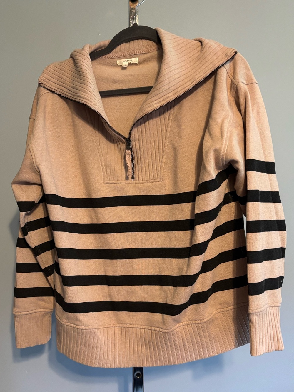 Maurices Womens Small Tan Black Striped Quarter‎ Zip Pullover Mock Neck Sweater